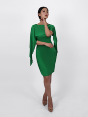 Asymmetric Cape Silk Dress (Emerald)