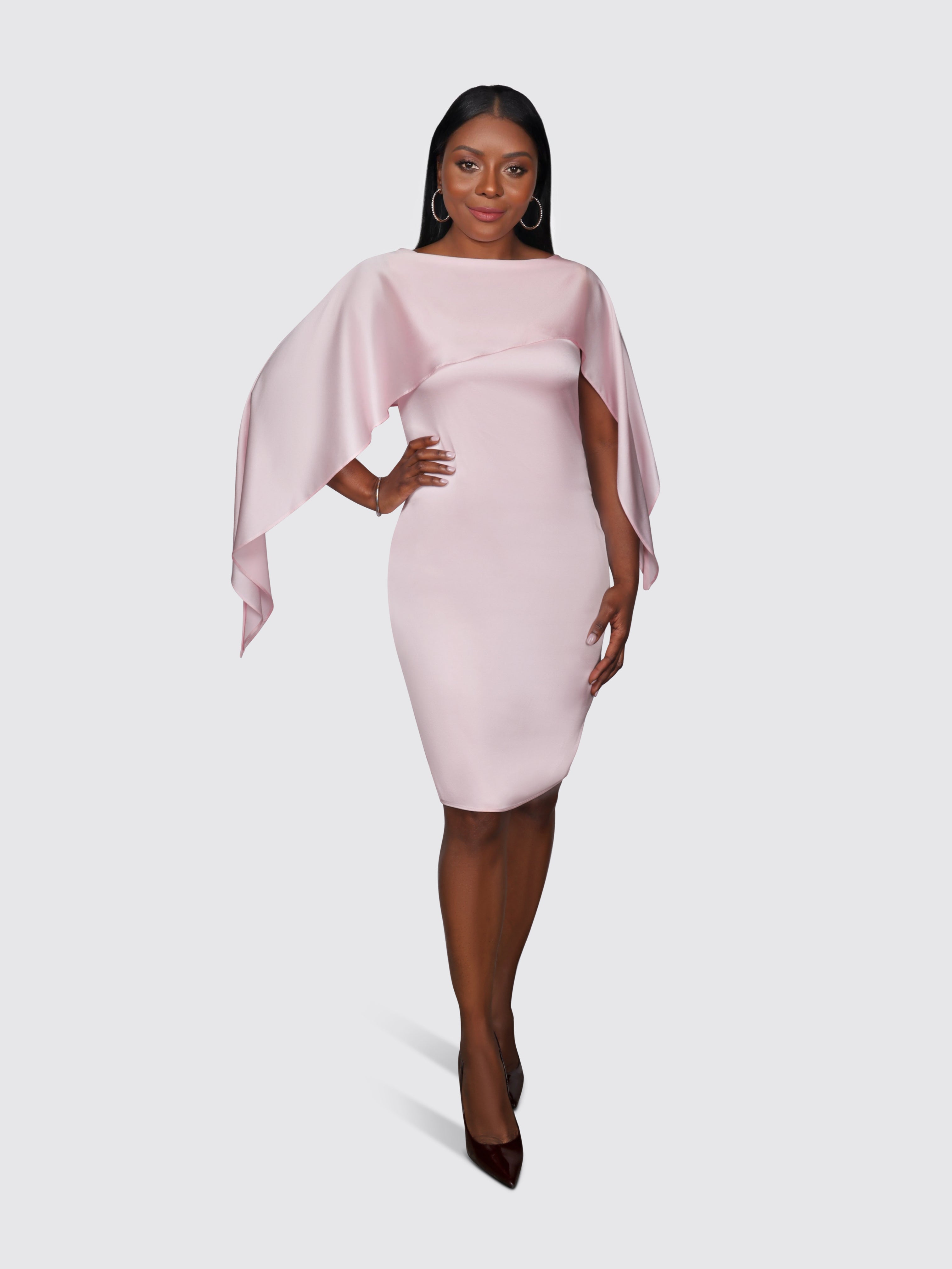 Asymmetric Cape Silk Dress (Pink)