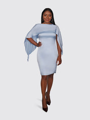 Asymmetric Cape Silk Dress (Powder Blue)