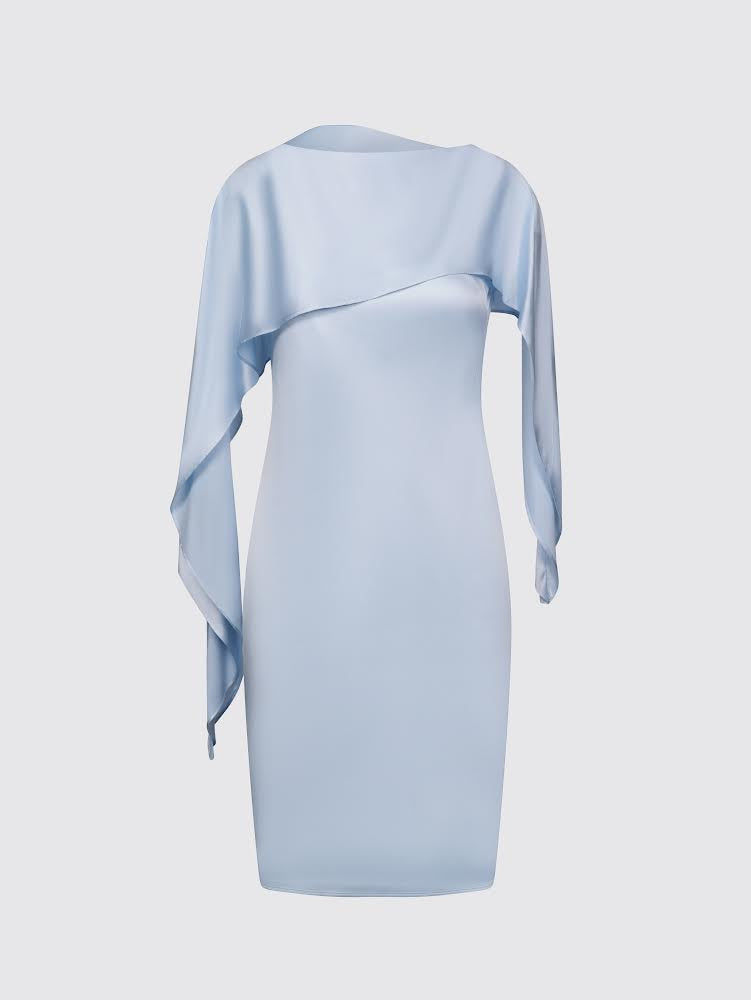 Asymmetric Cape Silk Dress (Powder Blue)