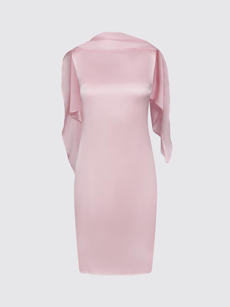 Asymmetric Cape Silk Dress (Pink)