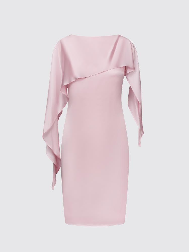 Asymmetric Cape Silk Dress (Pink)